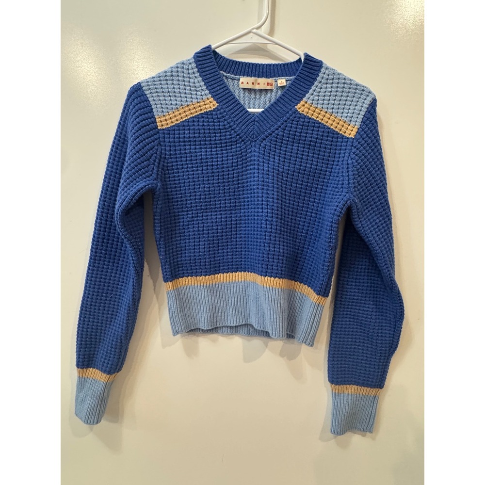 Marni x Uniqlo Blue Waffle Knit V-Neck Cropped Sweater Womens‎ Small Knit Luxury